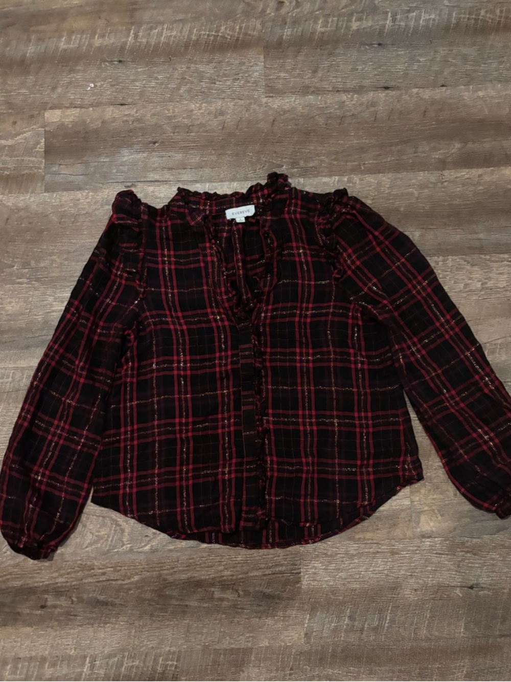Evereve Black, Red & Metallic Gold Charlotte Plaid Ruffle Button Down Blouse - Picture 2 of 2